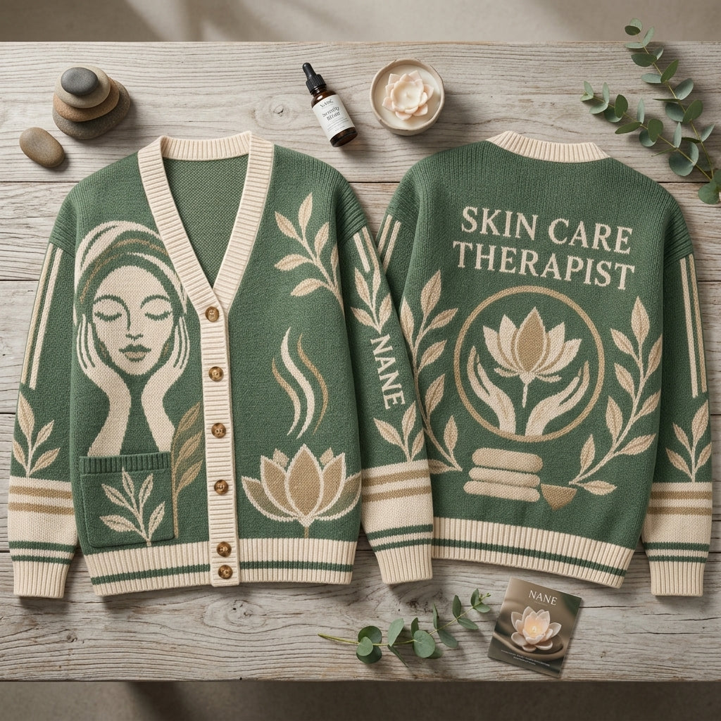 Personalized Skin Care Therapist Spa Knitted Cardigan for Estheticians - mockup 2