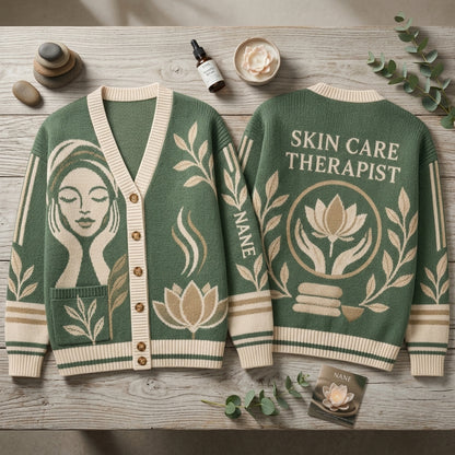 Personalized Skin Care Therapist Spa Knitted Cardigan for Estheticians - mockup 2