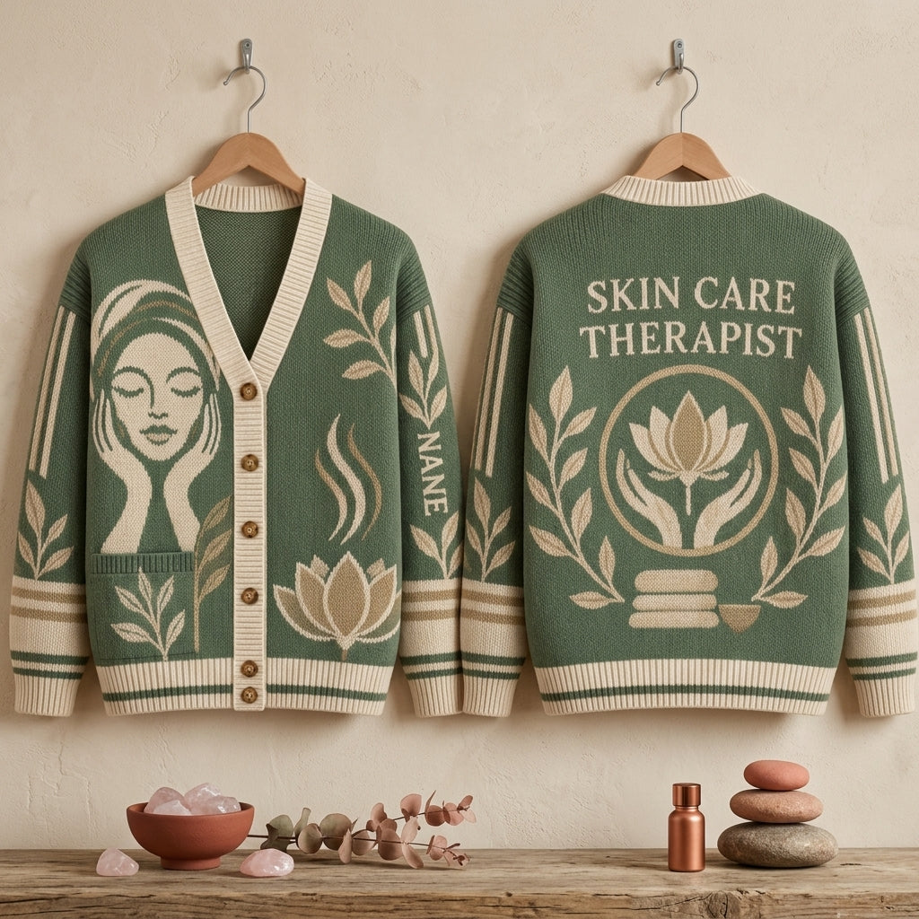 Personalized Skin Care Therapist Spa Knitted Cardigan for Estheticians - mockup 3