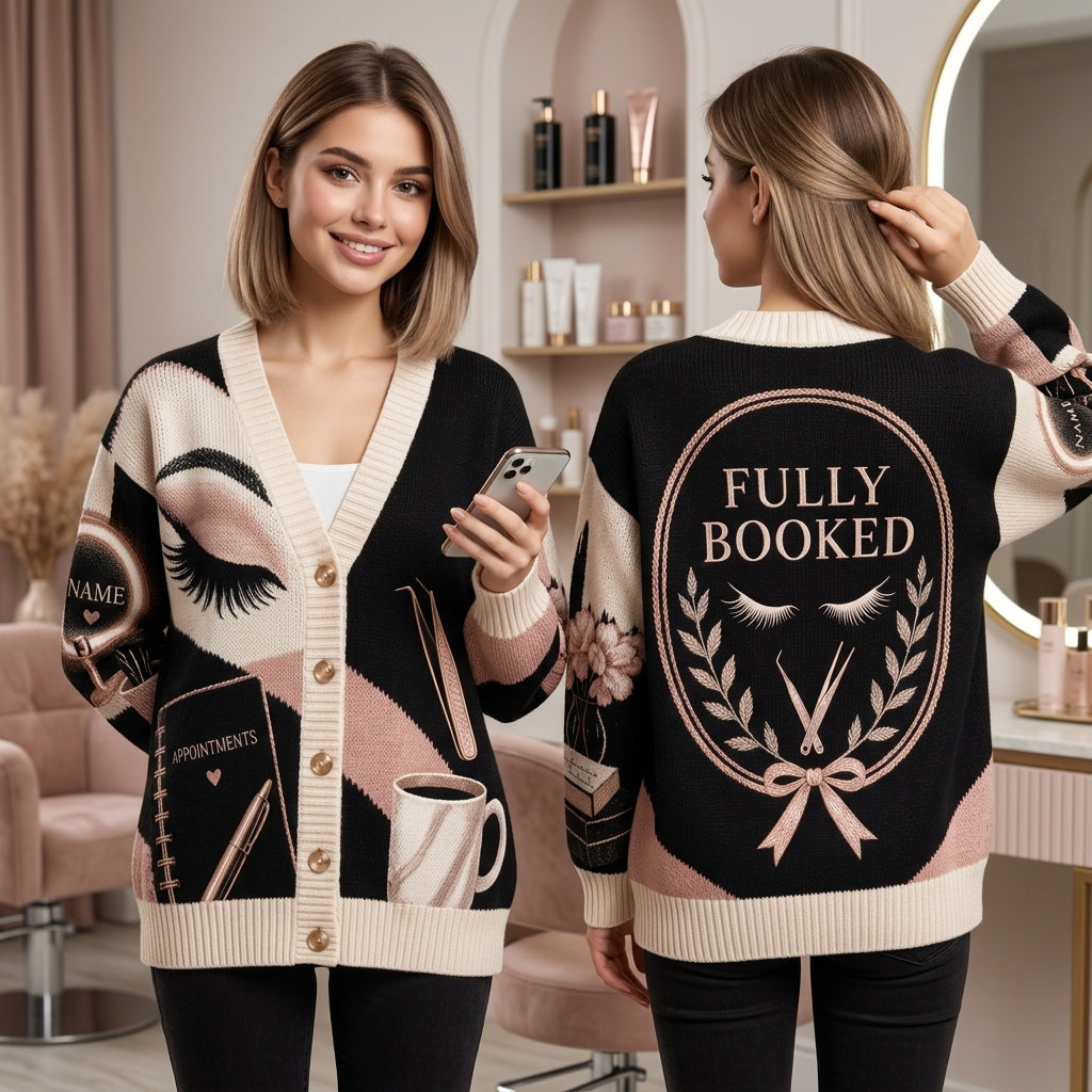 Personalized Lash Artist Appointment Booked Knitted Cardigan – Lash Tech Gift - mockup 1