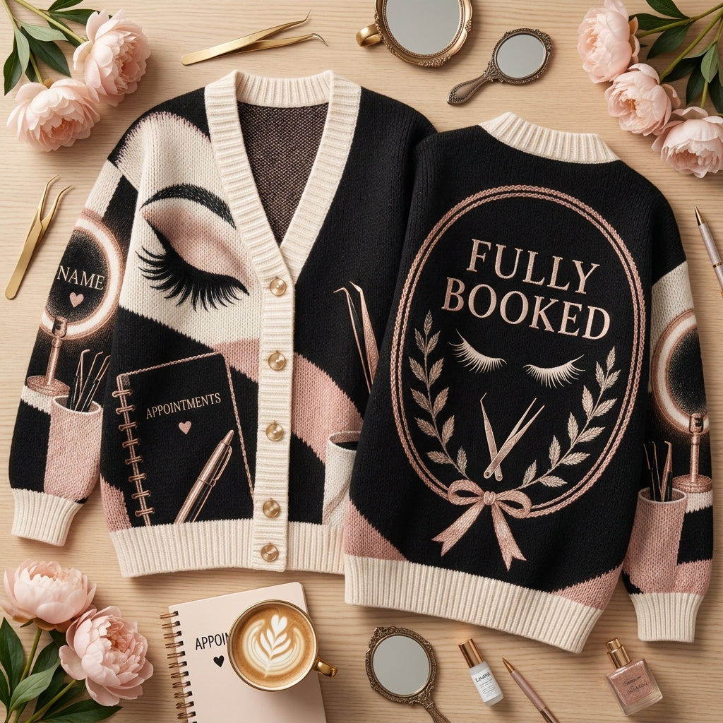 Personalized Lash Artist Appointment Booked Knitted Cardigan – Lash Tech Gift - mockup 2