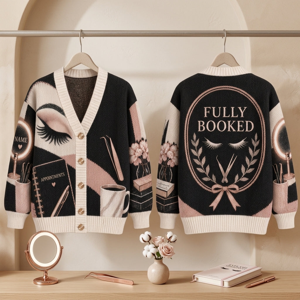 Personalized Lash Artist Appointment Booked Knitted Cardigan – Lash Tech Gift - mockup 3