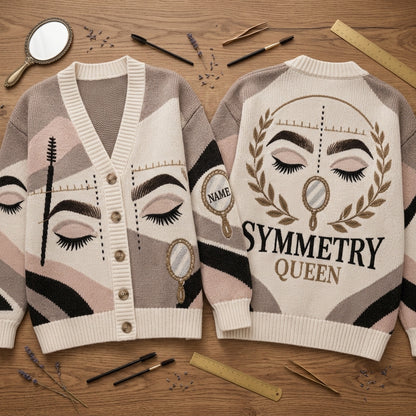 Personalized Brow Artist Symmetry Queen Knitted Cardigan – Esthetician Gift - mockup 2