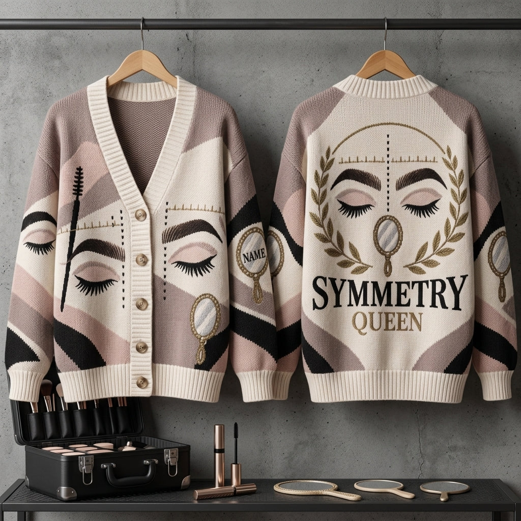 Personalized Brow Artist Symmetry Queen Knitted Cardigan – Esthetician Gift - mockup 3