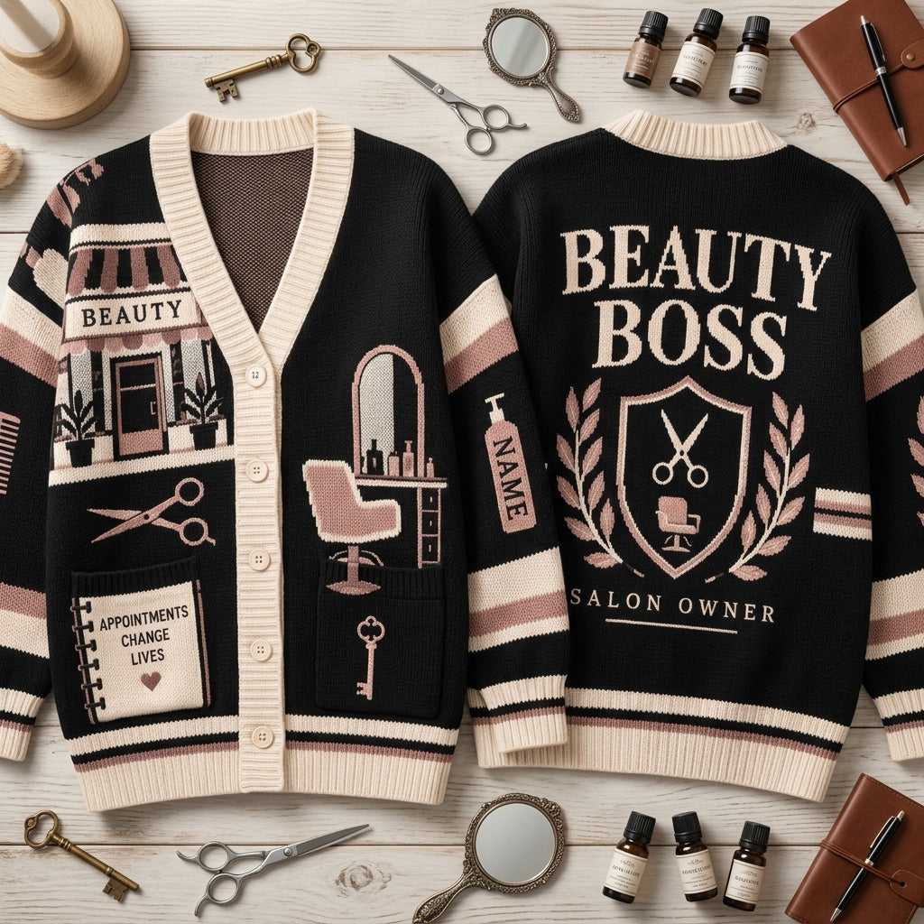 Personalized Salon Owner Beauty Boss Knitted Cardigan - Stylish Hairstylist Gift - mockup 2