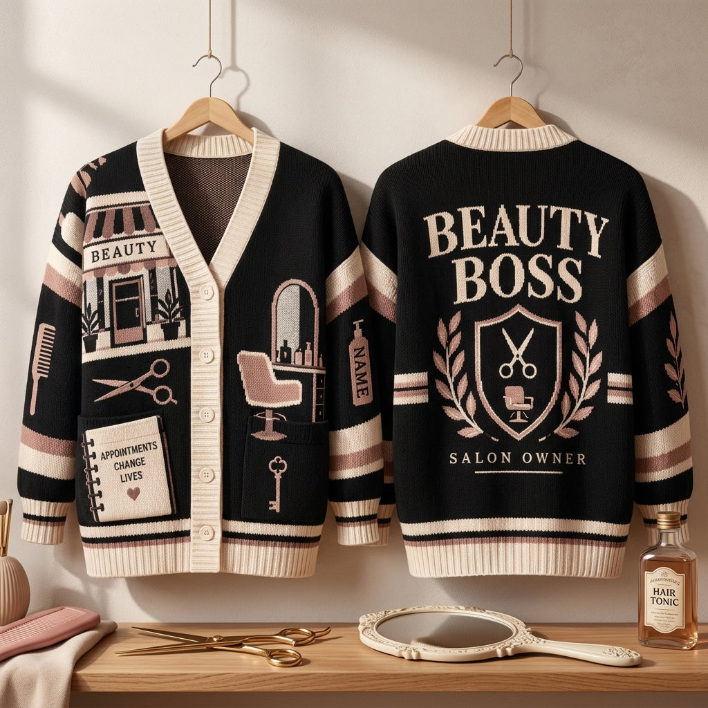 Personalized Salon Owner Beauty Boss Knitted Cardigan - Stylish Hairstylist Gift - mockup 3
