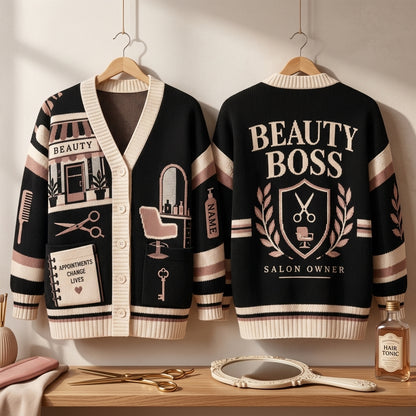 Personalized Salon Owner Beauty Boss Knitted Cardigan - Stylish Hairstylist Gift - mockup 3