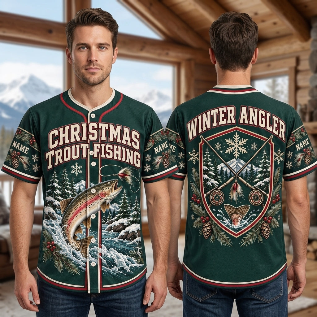 Personalized Christmas Trout Fishing Baseball Jersey – Winter Angler Gift - mockup 1