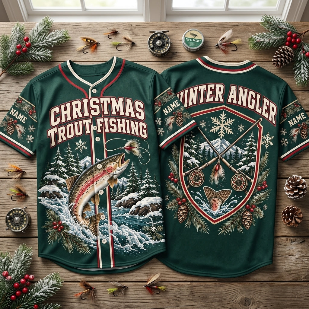 Personalized Christmas Trout Fishing Baseball Jersey – Winter Angler Gift - mockup 2
