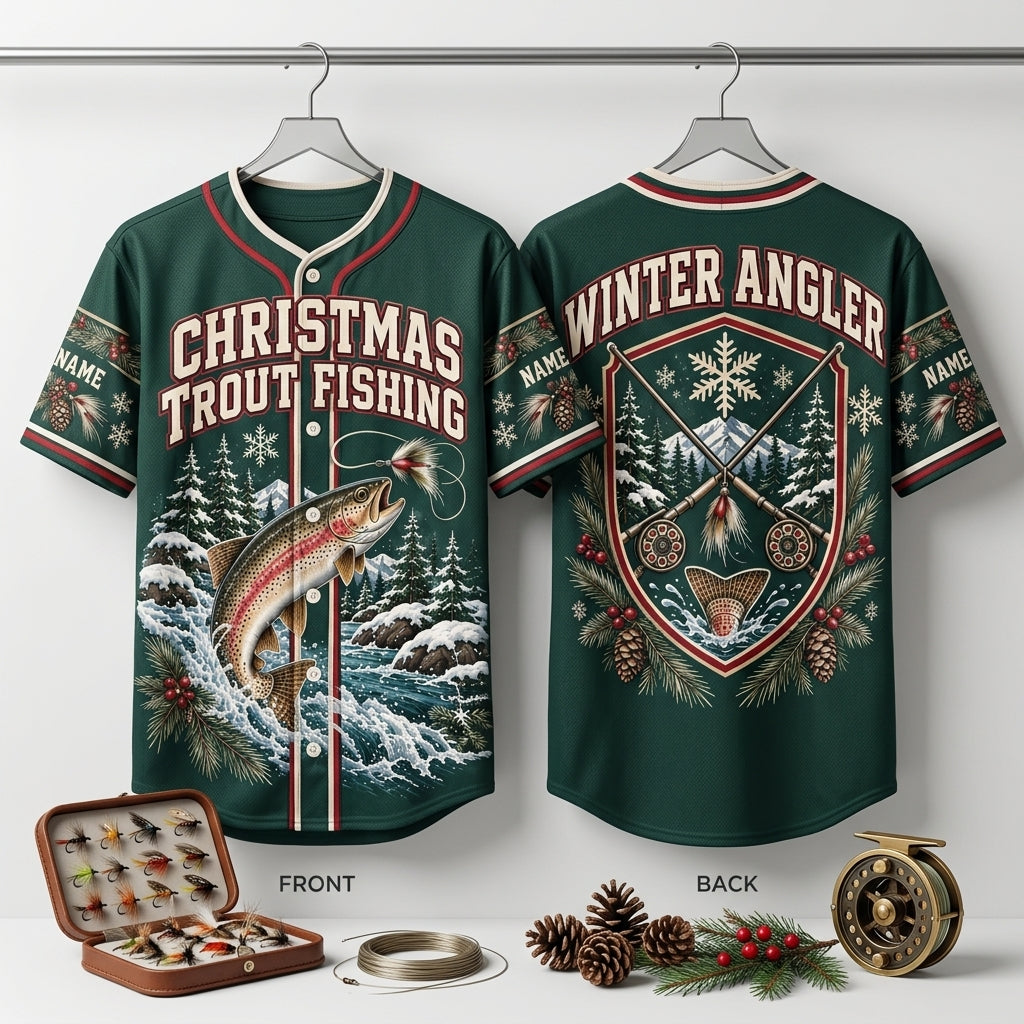 Personalized Christmas Trout Fishing Baseball Jersey – Winter Angler Gift - mockup 3
