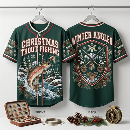 Personalized Christmas Trout Fishing Baseball Jersey – Winter Angler Gift - mockup 3