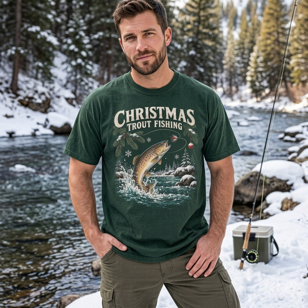 Christmas Trout Fishing T-shirt Sweatshirt Hoodie - Holiday Angler Gift - mockup 1