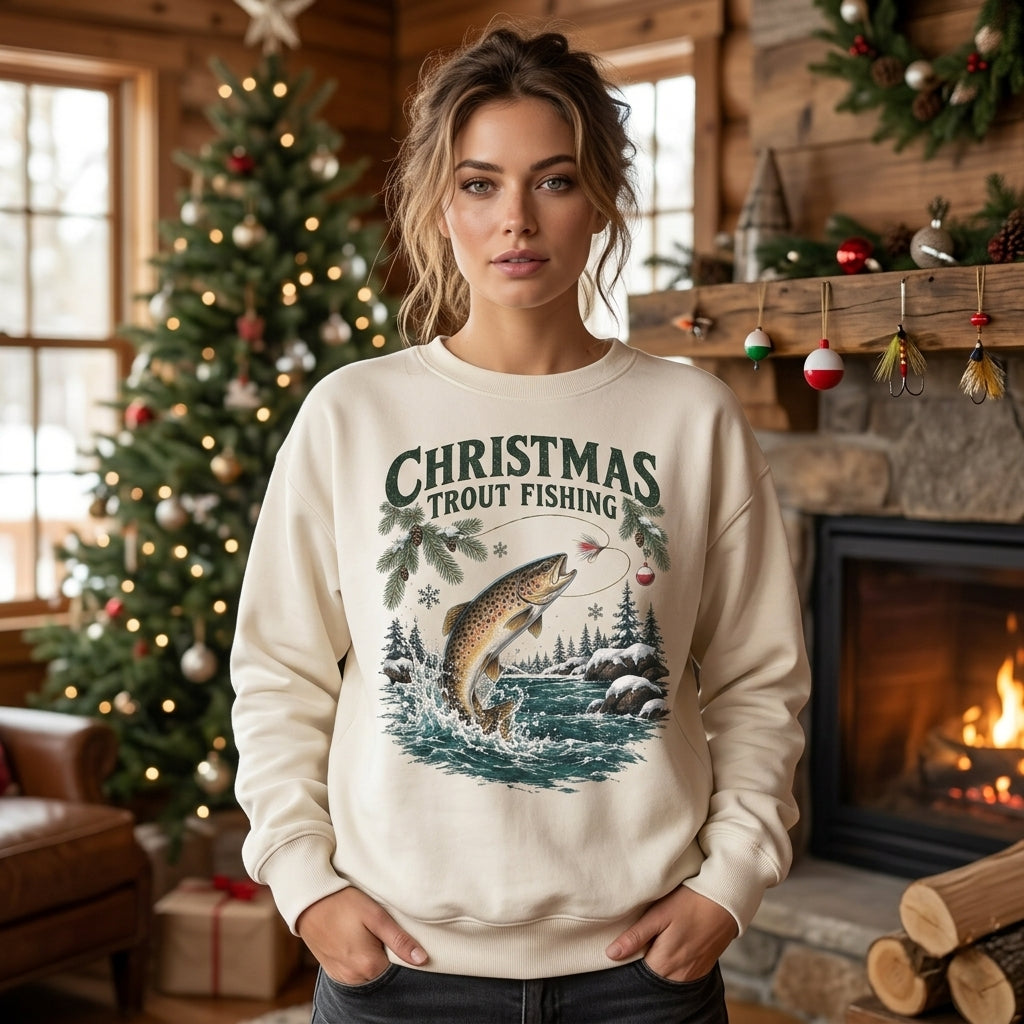 Christmas Trout Fishing T-shirt Sweatshirt Hoodie - Holiday Angler Gift - mockup 2