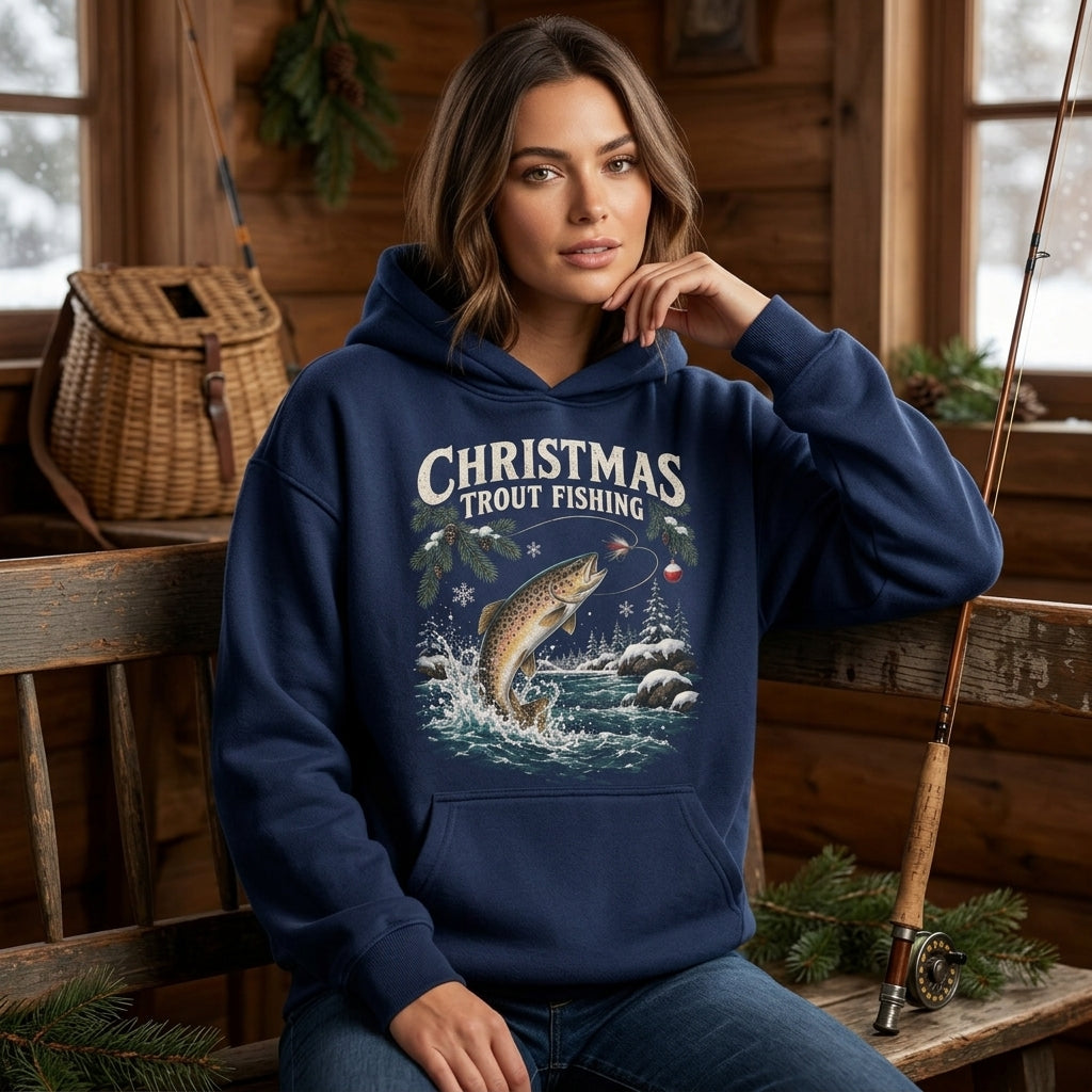 Christmas Trout Fishing T-shirt Sweatshirt Hoodie - Holiday Angler Gift - mockup 3