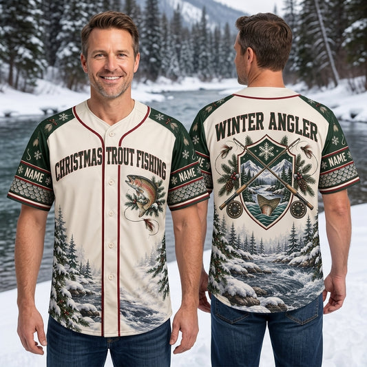 Personalized Christmas Trout Fishing Baseball Jersey – Winter Angler Gift - mockup 1