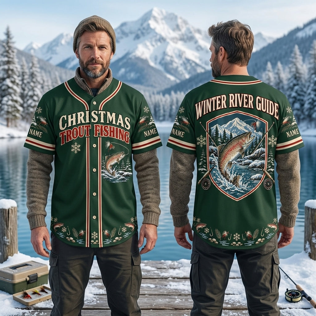 Personalized Christmas Trout Fishing Baseball Jersey - Winter River Guide Gift - mockup 1