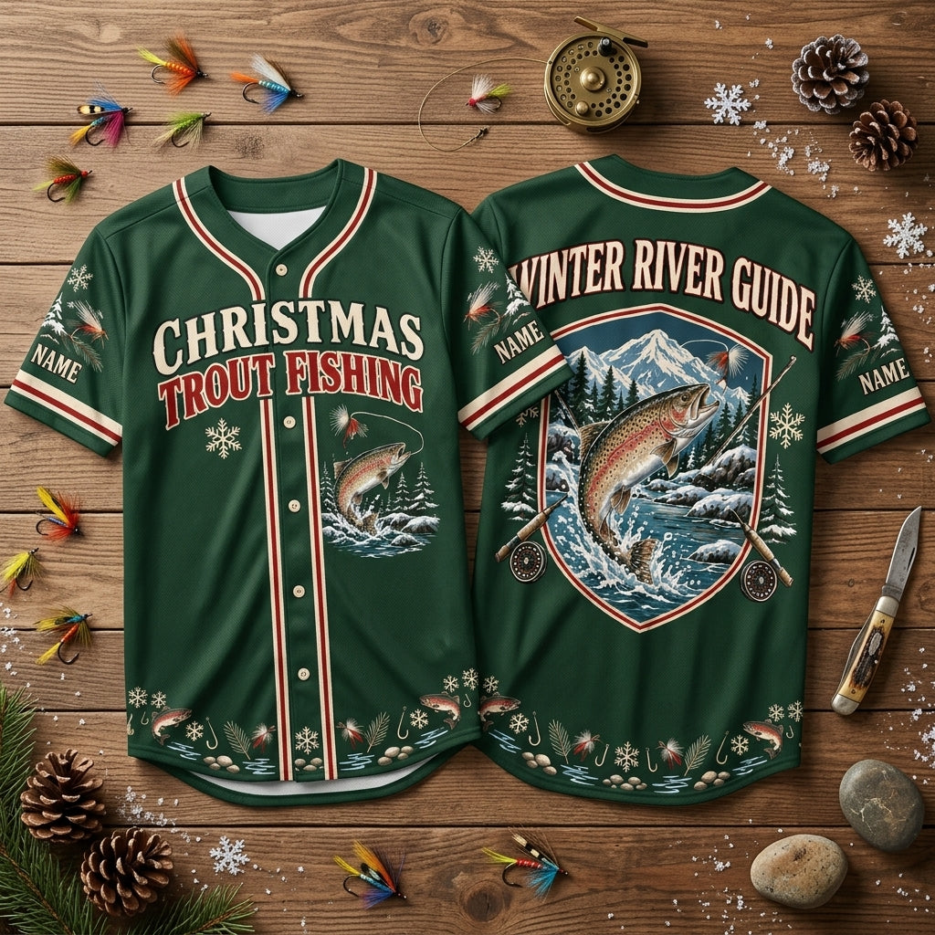 Personalized Christmas Trout Fishing Baseball Jersey - Winter River Guide Gift - mockup 2