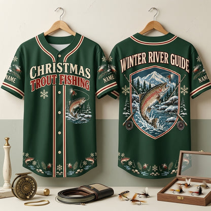 Personalized Christmas Trout Fishing Baseball Jersey - Winter River Guide Gift - mockup 3