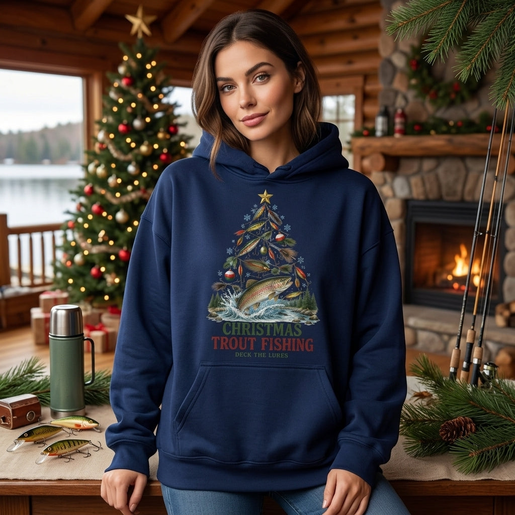 Christmas Trout Fishing T-shirt Sweatshirt Hoodie – Funny Angler Holiday Gift - mockup 3