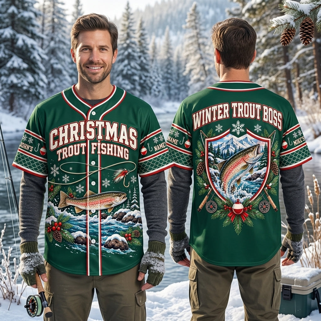 Personalized Christmas Trout Fishing Baseball Jersey - Custom Winter Trout Boss Apparel - mockup 1