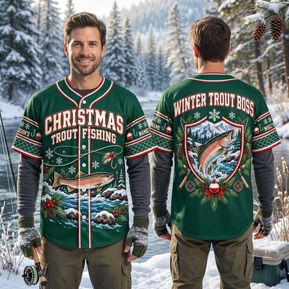 Personalized Christmas Trout Fishing Baseball Jersey - Custom Winter Trout Boss Apparel - mockup 1