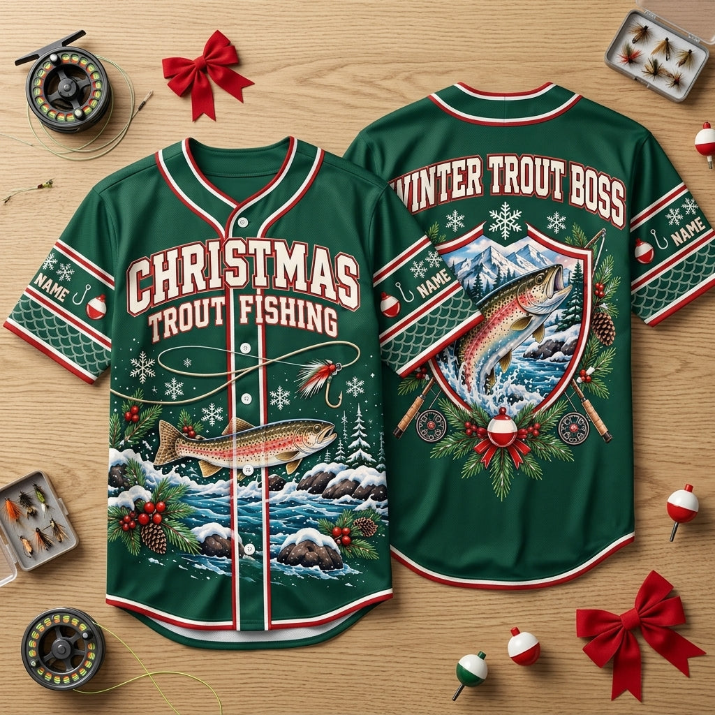 Personalized Christmas Trout Fishing Baseball Jersey - Custom Winter Trout Boss Apparel - mockup 2