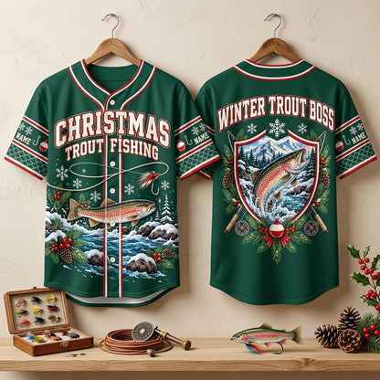 Personalized Christmas Trout Fishing Baseball Jersey - Custom Winter Trout Boss Apparel - mockup 3