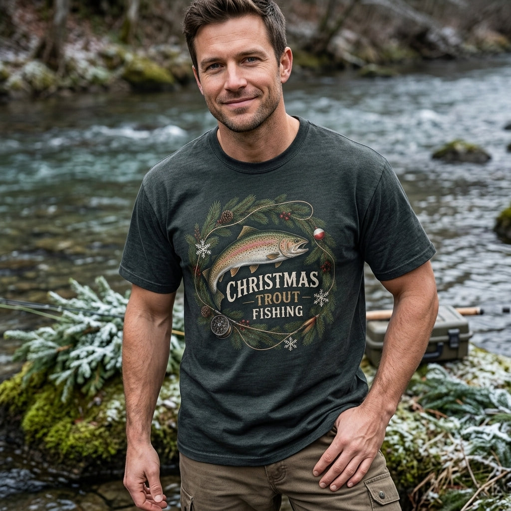 Christmas Trout Fishing T-shirt Sweatshirt Hoodie - Festive Fisherman Holiday Gift - mockup 1