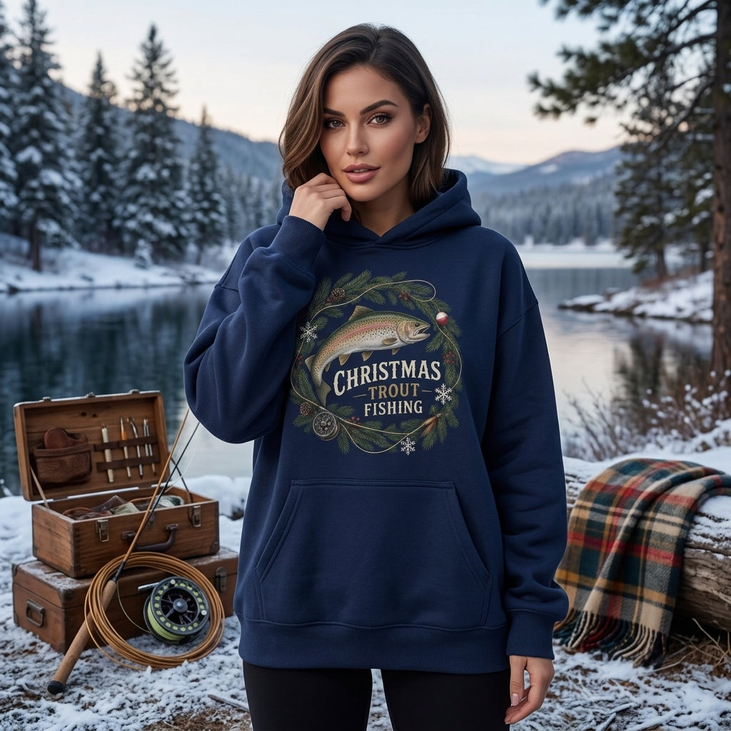 Christmas Trout Fishing T-shirt Sweatshirt Hoodie - Festive Fisherman Holiday Gift - mockup 3