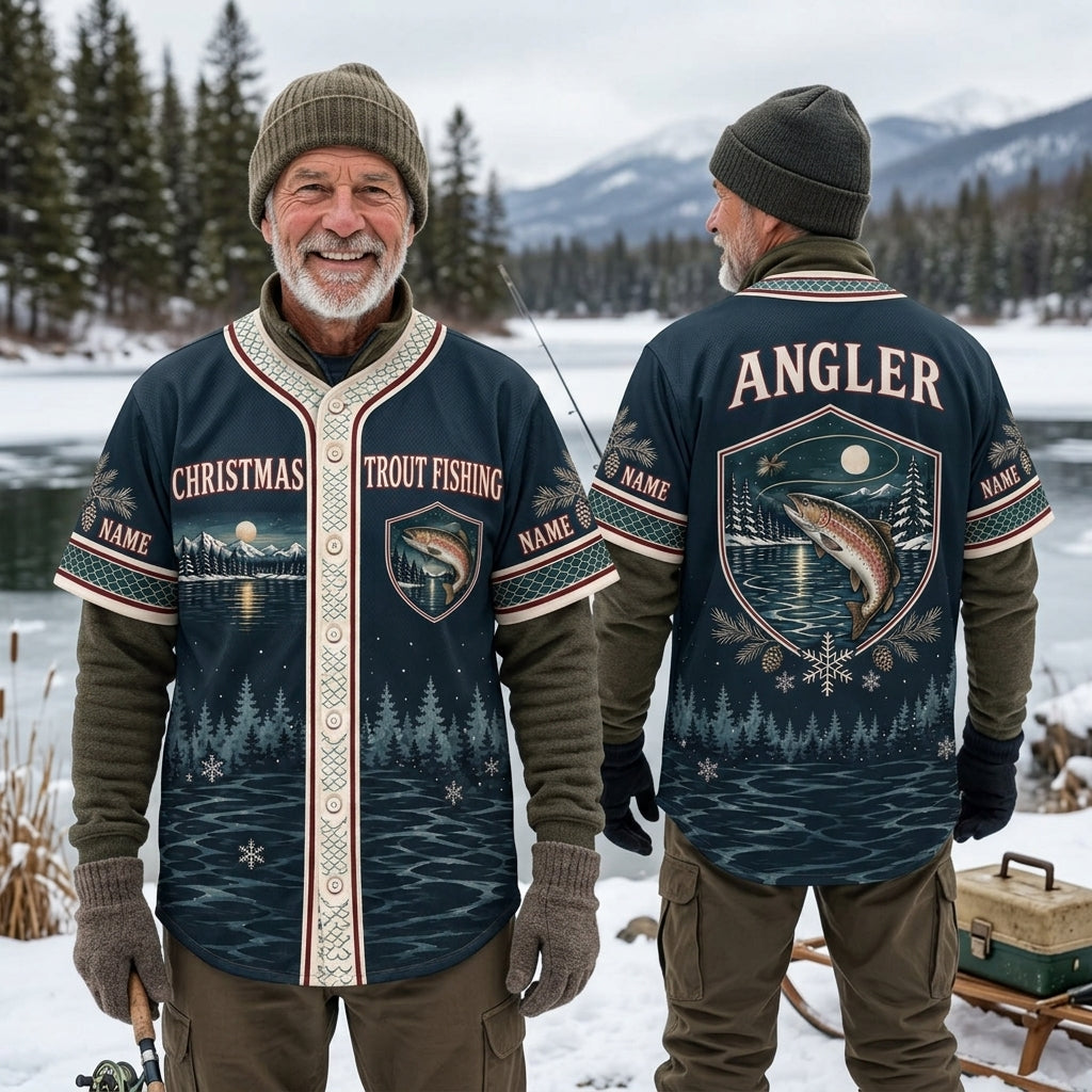 Custom Christmas Trout Fishing Baseball Jersey - Personalized Gift for Anglers - mockup 1