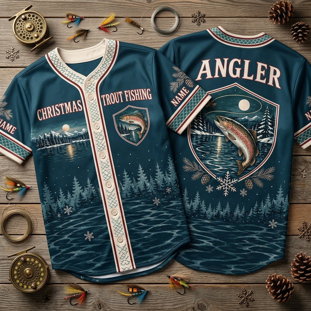 Custom Christmas Trout Fishing Baseball Jersey - Personalized Gift for Anglers - mockup 2