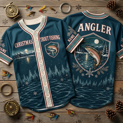 Custom Christmas Trout Fishing Baseball Jersey - Personalized Gift for Anglers - mockup 2