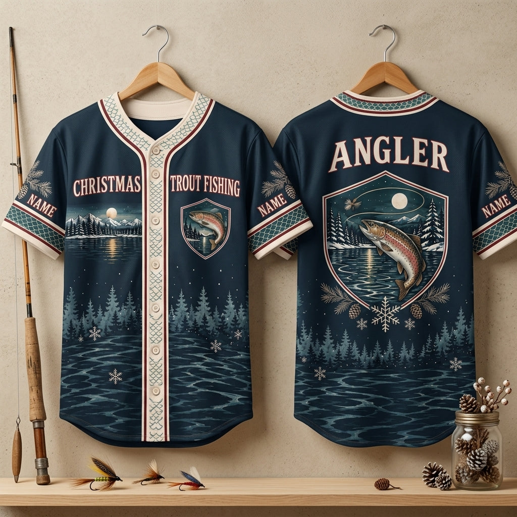 Custom Christmas Trout Fishing Baseball Jersey - Personalized Gift for Anglers - mockup 3