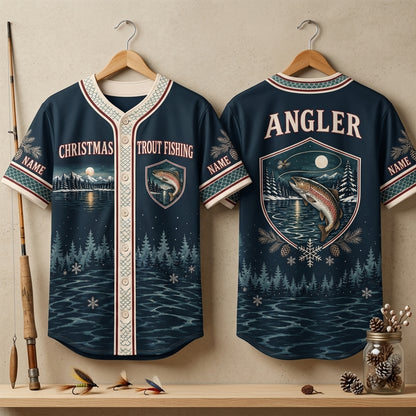 Custom Christmas Trout Fishing Baseball Jersey - Personalized Gift for Anglers - mockup 3