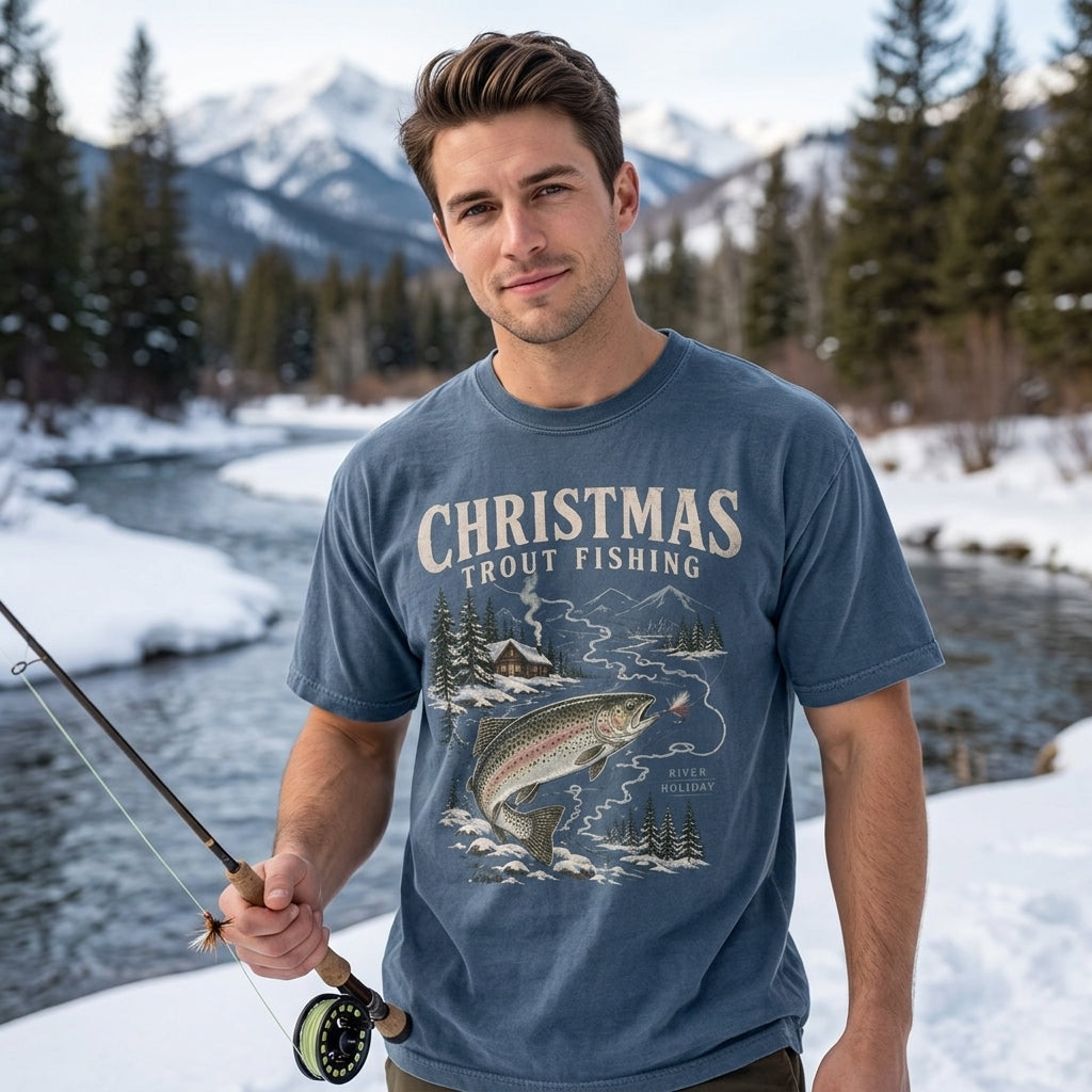 Christmas Trout Fishing T-shirt Sweatshirt Hoodie – Vintage River Holiday Gift - mockup 1