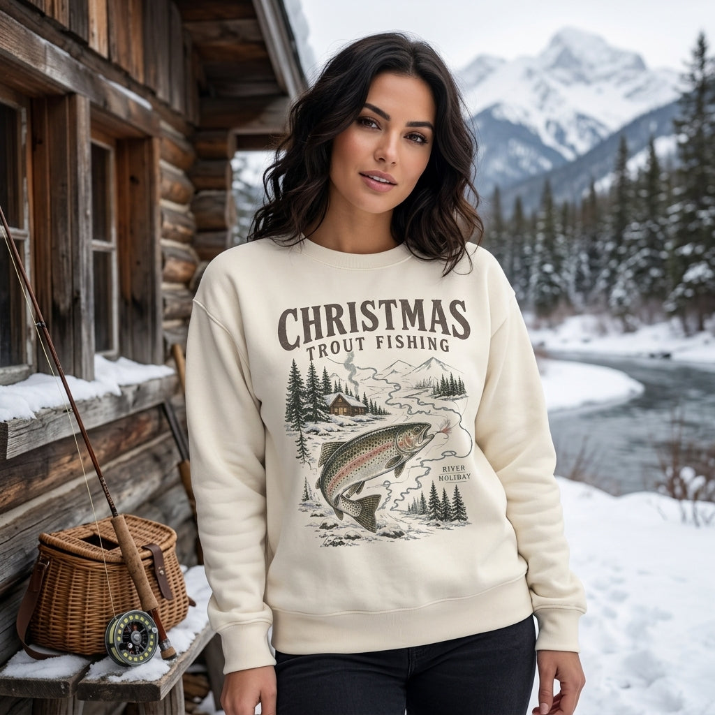 Christmas Trout Fishing T-shirt Sweatshirt Hoodie – Vintage River Holiday Gift - mockup 2
