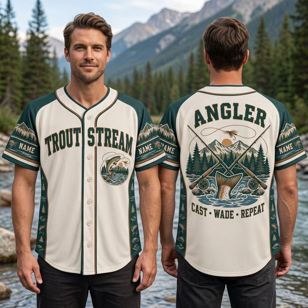 Personalized Fly Fishing Trout Stream Angler Baseball Jersey - Gift for Fishermen - mockup 1