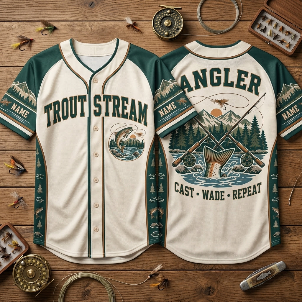 Personalized Fly Fishing Trout Stream Angler Baseball Jersey - Gift for Fishermen - mockup 2
