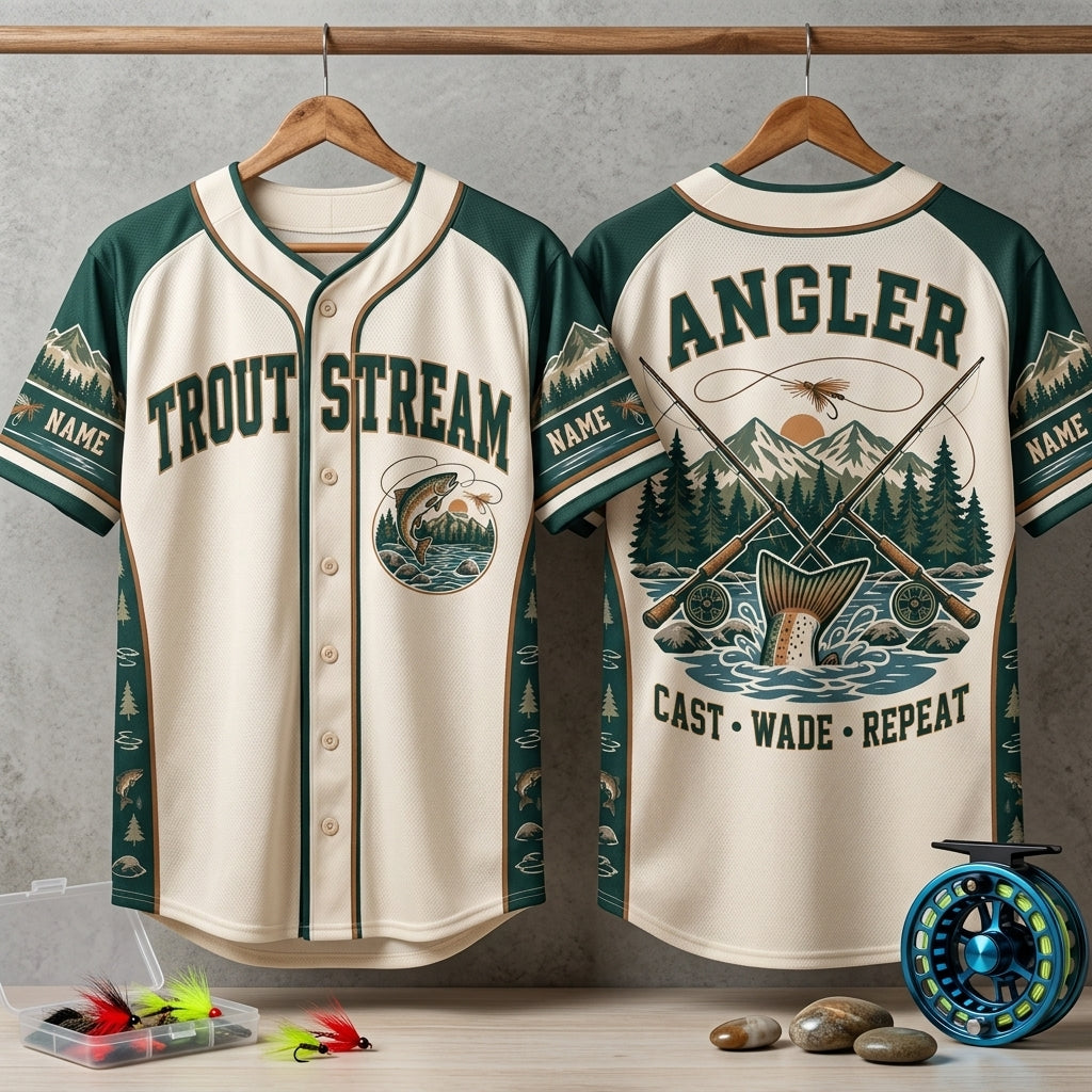 Personalized Fly Fishing Trout Stream Angler Baseball Jersey - Gift for Fishermen - mockup 3