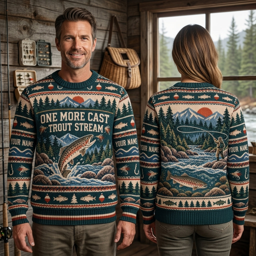 Personalized Fly Fishing Trout Stream Angler Ugly Sweater – Gift for Fishermen - mockup 1