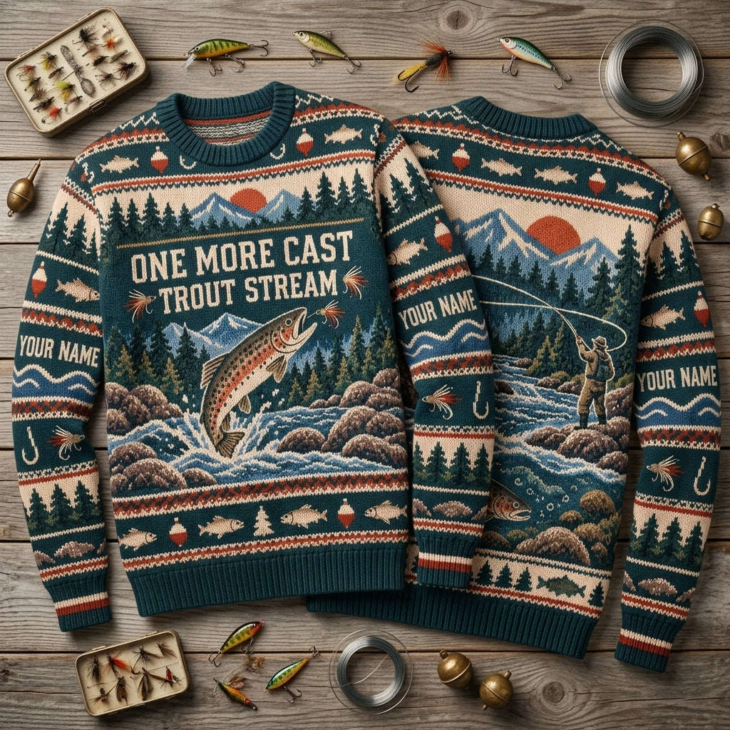 Personalized Fly Fishing Trout Stream Angler Ugly Sweater – Gift for Fishermen - mockup 2