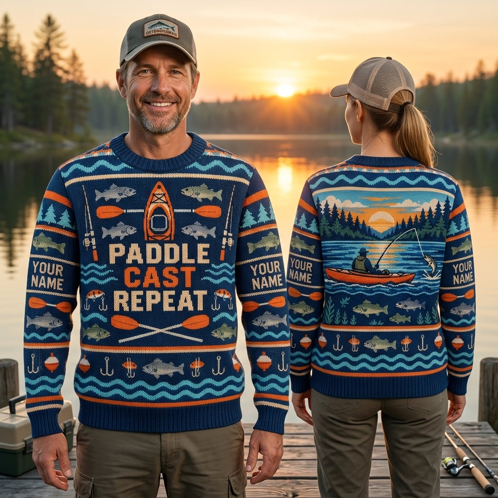 Personalized Kayak Fishing Weekend Angler Ugly Sweater - Paddle Cast Repeat - mockup 1