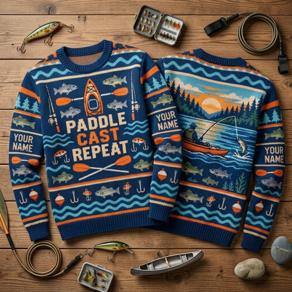 Personalized Kayak Fishing Weekend Angler Ugly Sweater - Paddle Cast Repeat - mockup 2