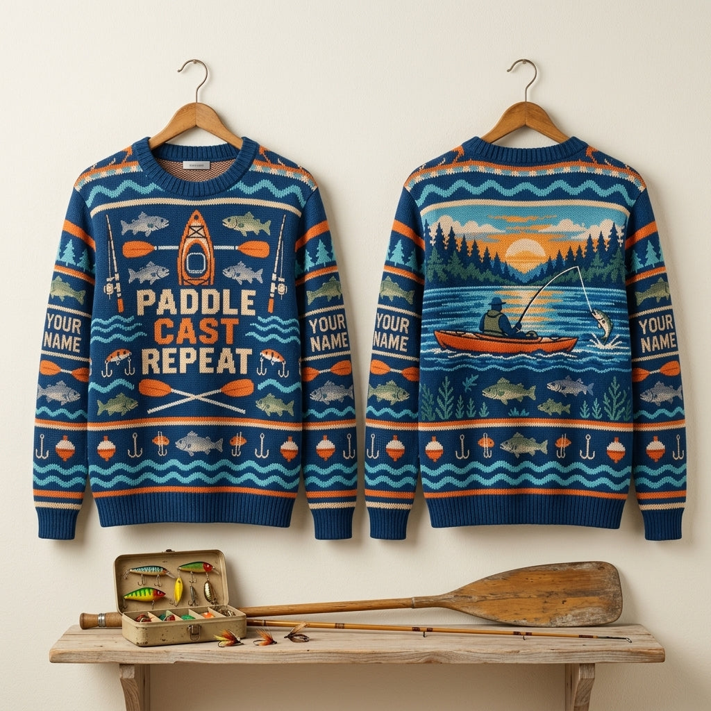 Personalized Kayak Fishing Weekend Angler Ugly Sweater - Paddle Cast Repeat - mockup 3