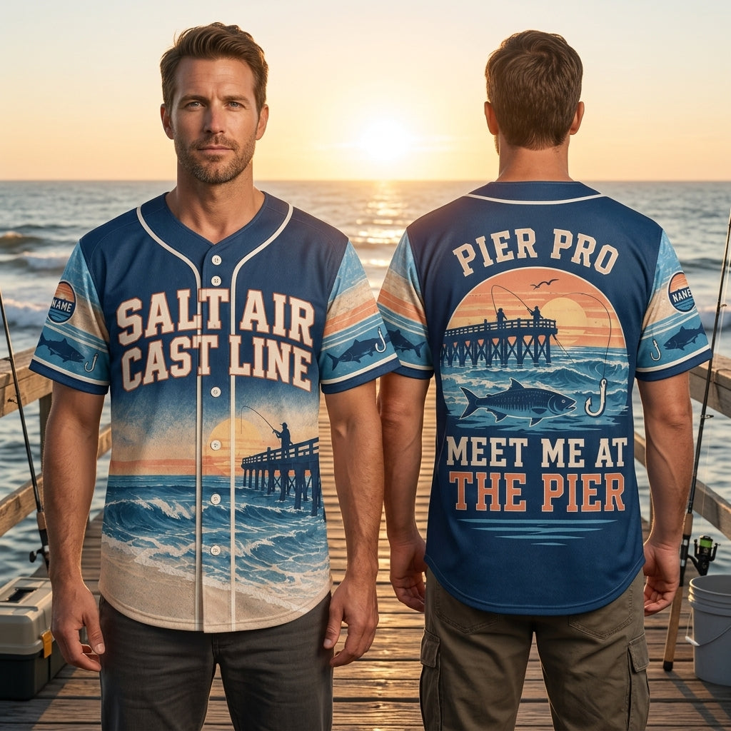 Custom Salt Air Cast Line Pier Fishing Baseball Jersey – Beach Angler Gift - mockup 1