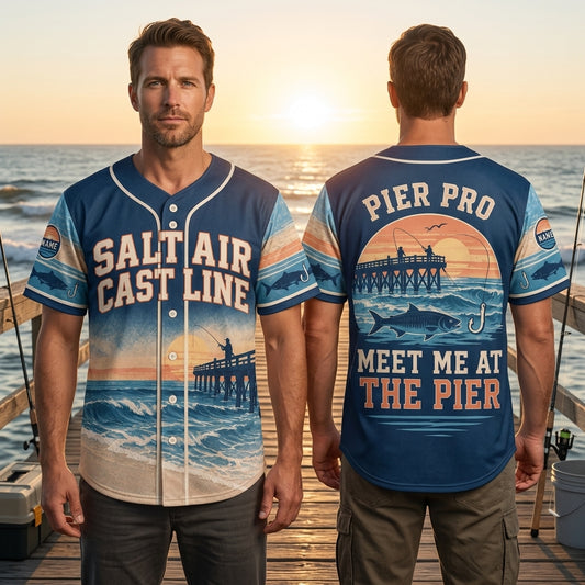 Custom Salt Air Cast Line Pier Fishing Baseball Jersey – Beach Angler Gift - mockup 1