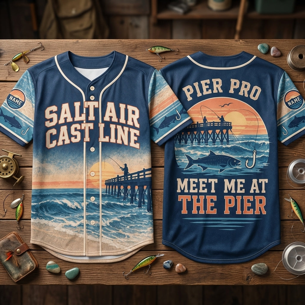 Custom Salt Air Cast Line Pier Fishing Baseball Jersey – Beach Angler Gift - mockup 2