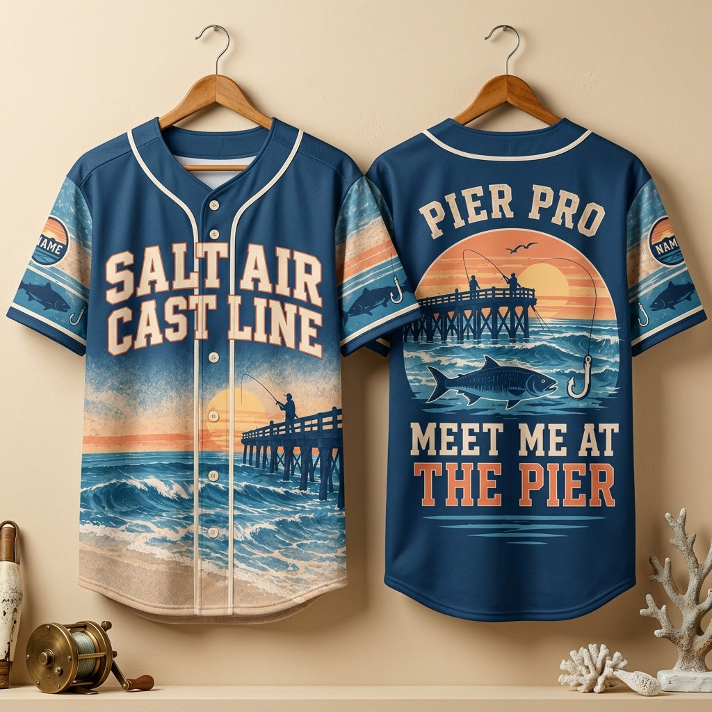 Custom Salt Air Cast Line Pier Fishing Baseball Jersey – Beach Angler Gift - mockup 3