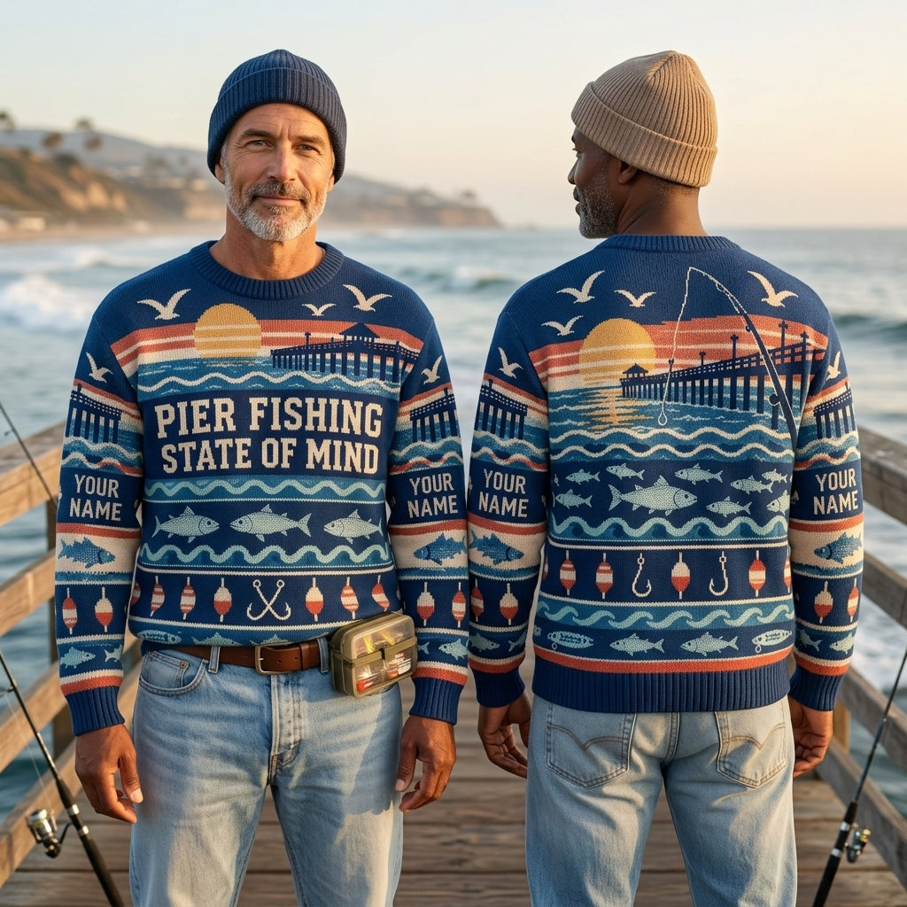 Personalized Pier Fishing Beach Angler Ugly Sweater – Custom Fisherman Gift - mockup 1