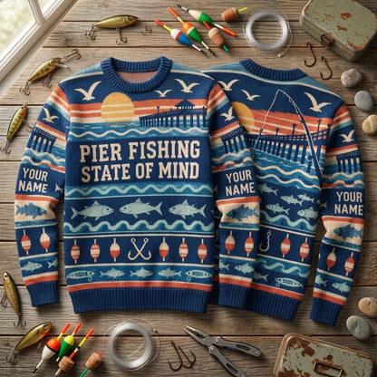 Personalized Pier Fishing Beach Angler Ugly Sweater – Custom Fisherman Gift - mockup 2